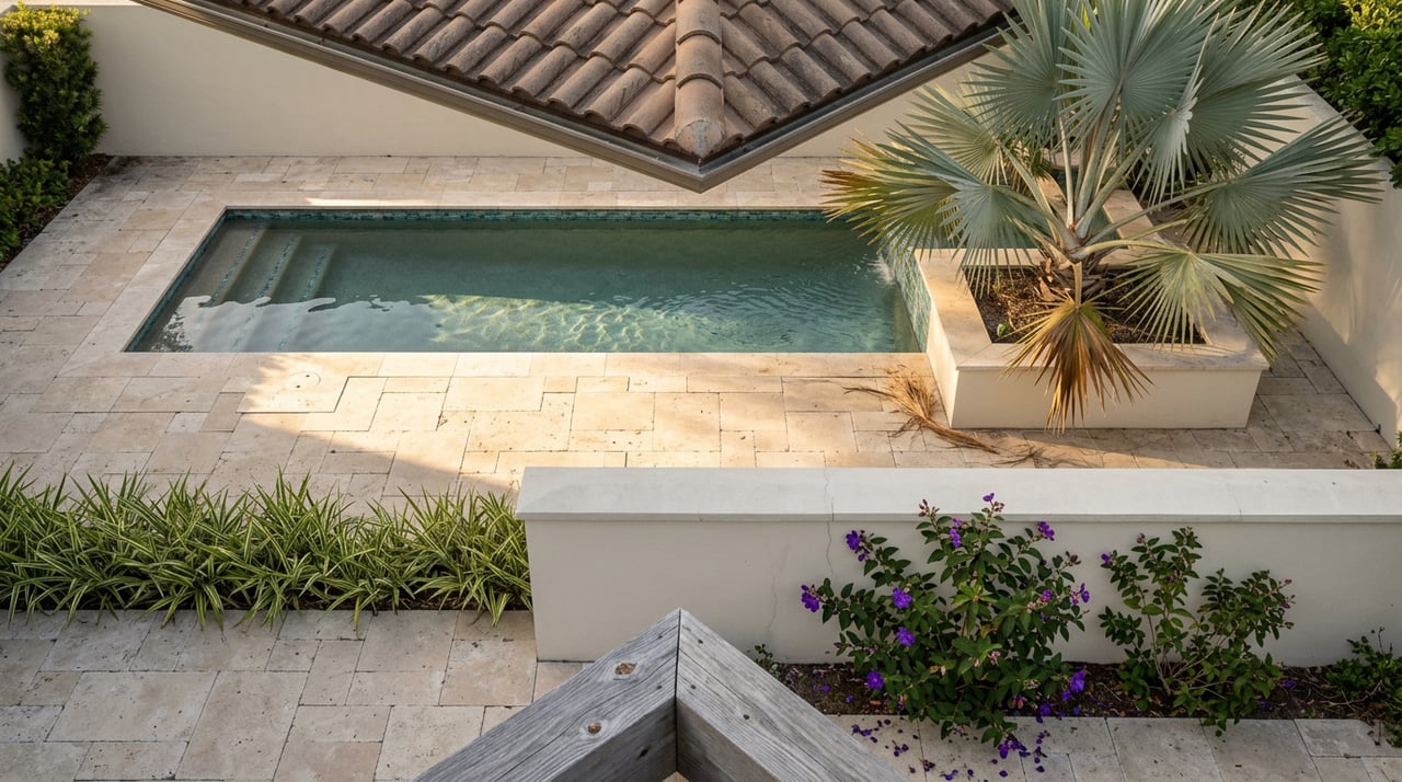 Rectangular pool with blue-green tile beside a travertine patio, fan palm, and flowering shrub.