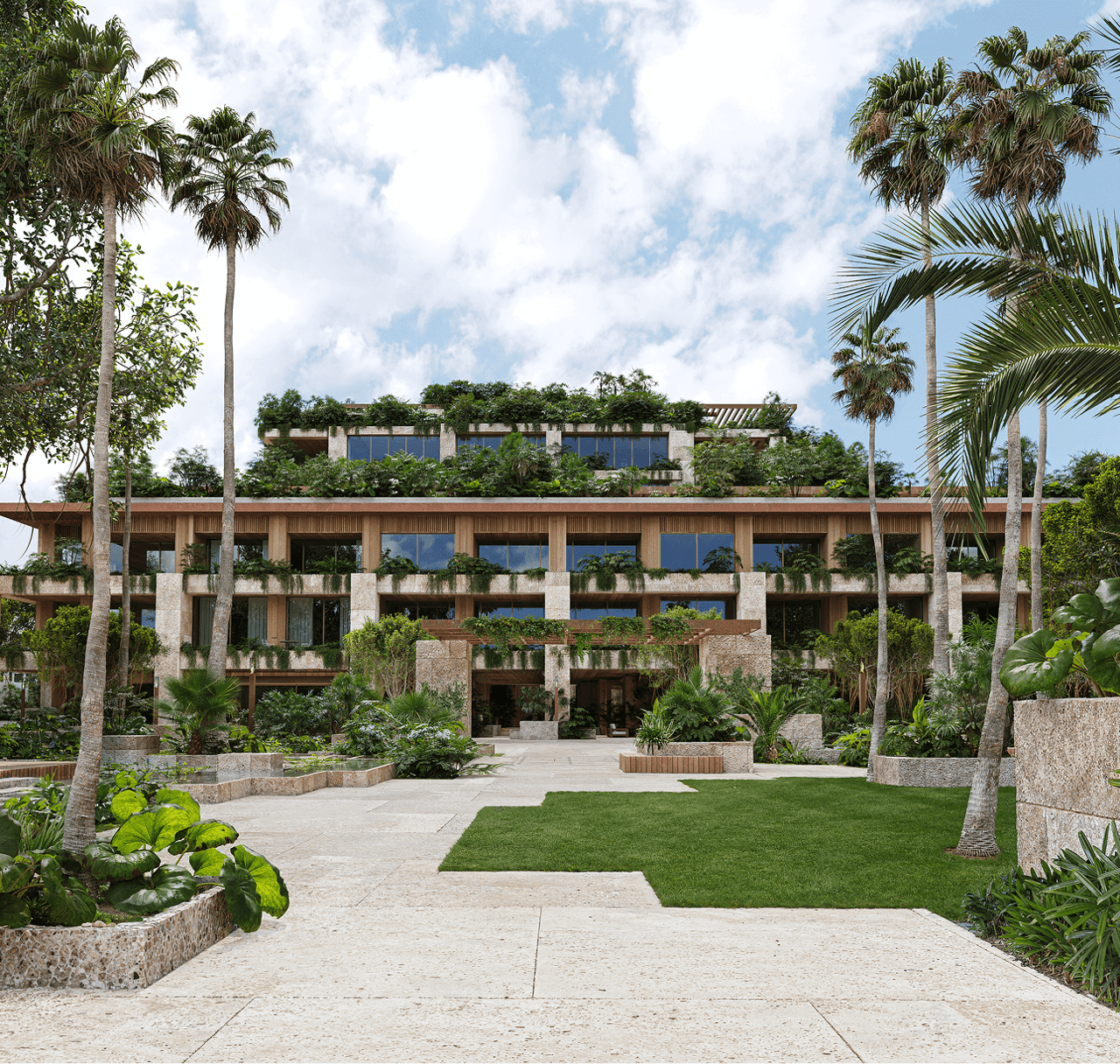 Ziggurat Coconut Grove development with planted terraces, tropical landscaping, and a broad stone walkway.