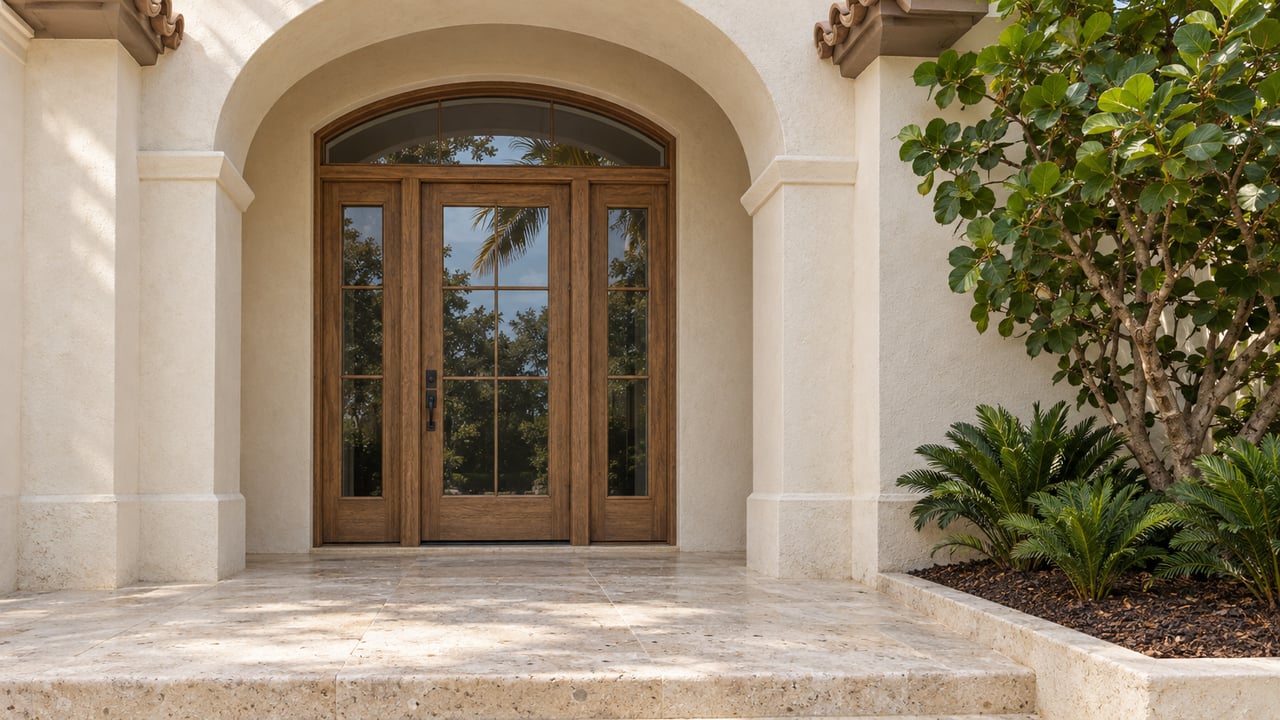 Ivory stucco arched entry with glazed oak door, matching sidelights, shell limestone steps and a sculptural sea grape specimen.
