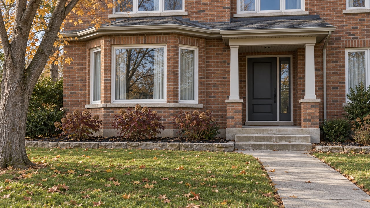 Late-autumn lawn leading to a red-brown brick home with a white bay window, sheltered charcoal entrance and burgundy oakleaf hydrangeas.