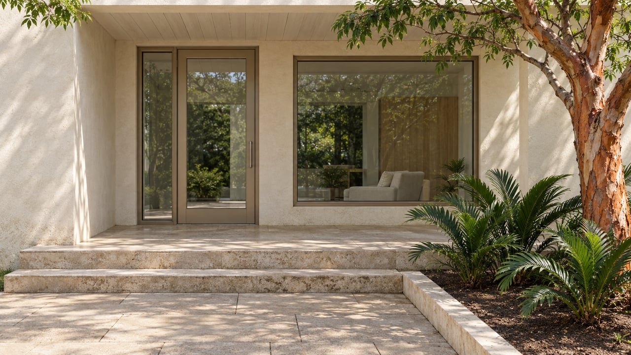 Ivory stucco home entry with champagne-framed glazing, pale limestone steps and a copper-barked tree beside three coontie plants.