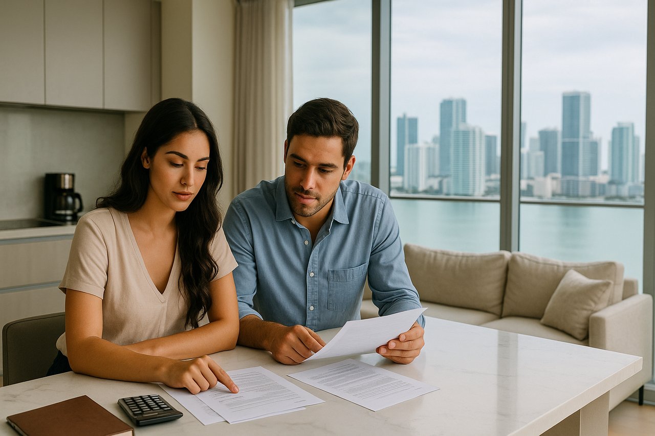 Young couple reviewing financial documents inside a modern Miami high-rise condo with floor-to-ceiling windows and skyline views