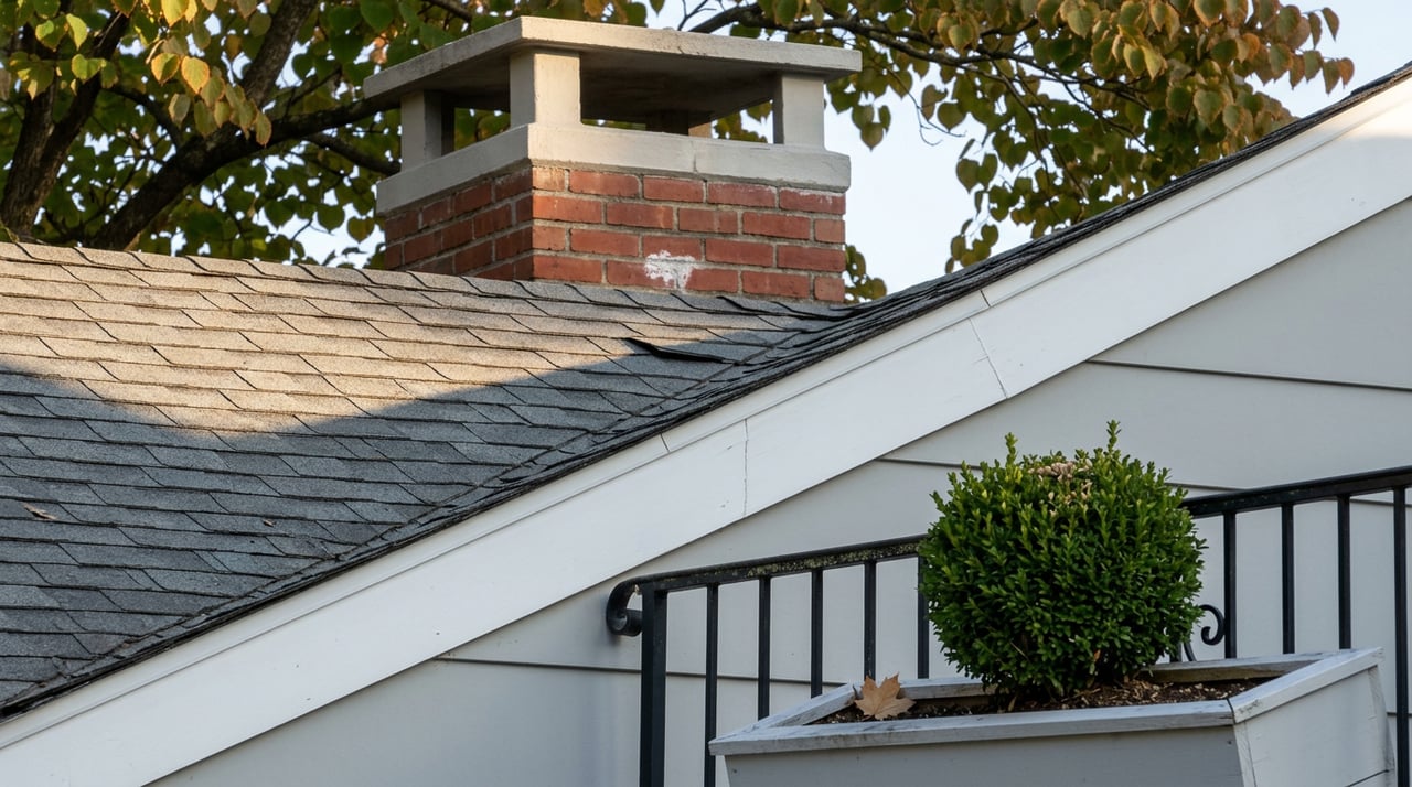 Shingled roof, red-brick chimney, dark iron balcony railing, and boxwood planter beneath amber leaves.