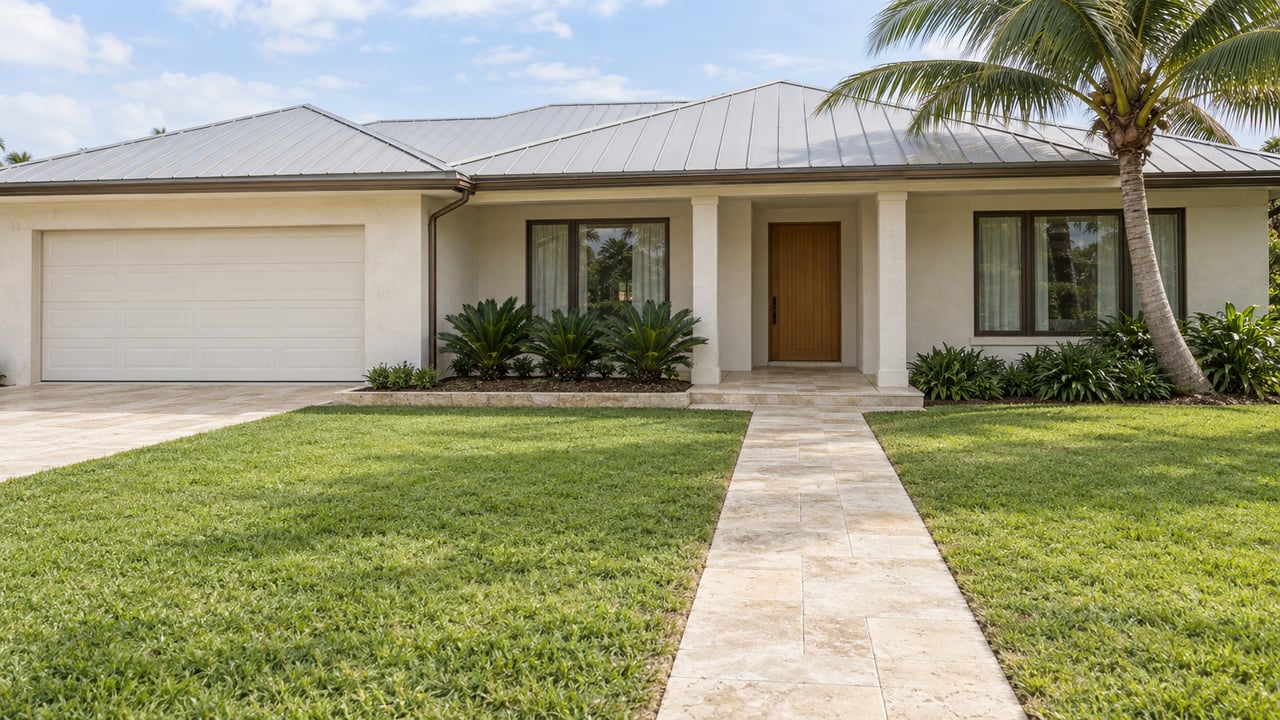 Low ivory stucco home with a metal roof, sheltered entry, limestone walk and deep green front lawn beside a curved coconut palm.