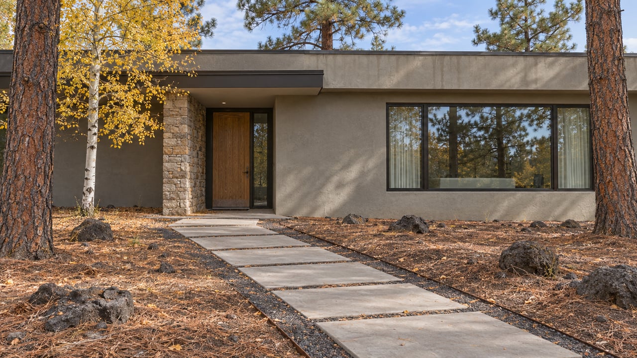 Contemporary stucco and stone home with a broad paver approach, mature ponderosa pines and a golden-leaved aspen.