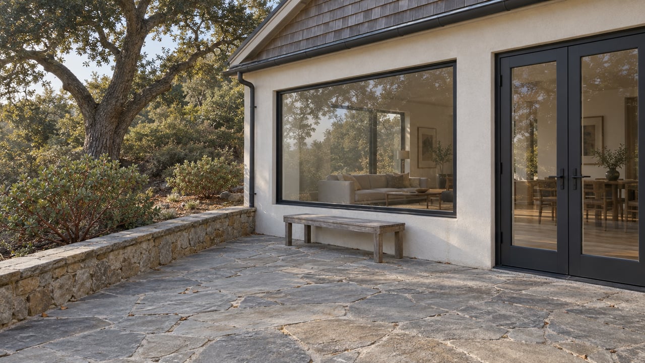 Pale stucco home with black-framed glazing beside a sandstone terrace, teak bench and mature oak on a planted slope.