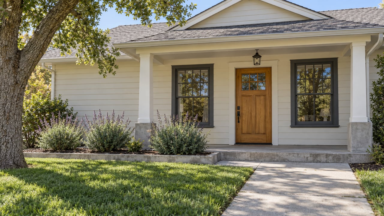 Cream-sided single-story home with a covered entry, concrete garden walk, oak tree and flowering sage beside a front lawn.
