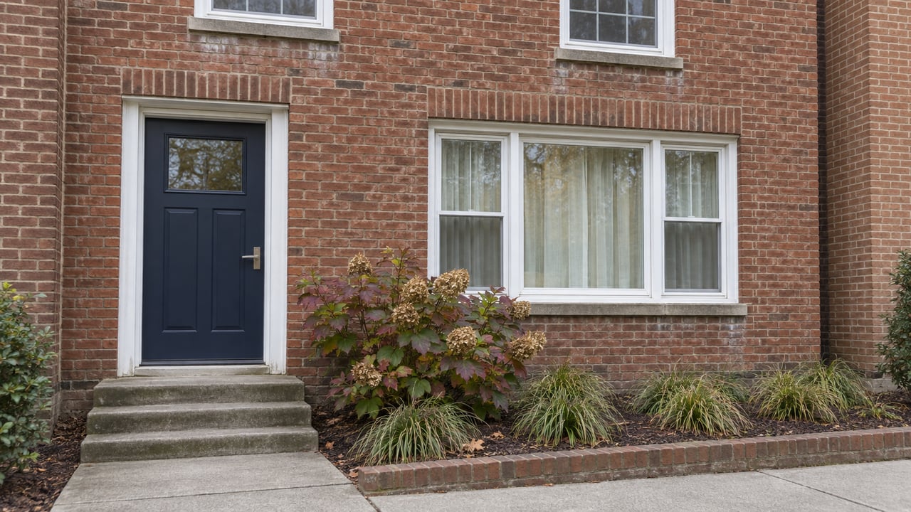 Brick townhouse entry with navy door, white-framed windows, worn concrete steps and a small autumn planting bed.