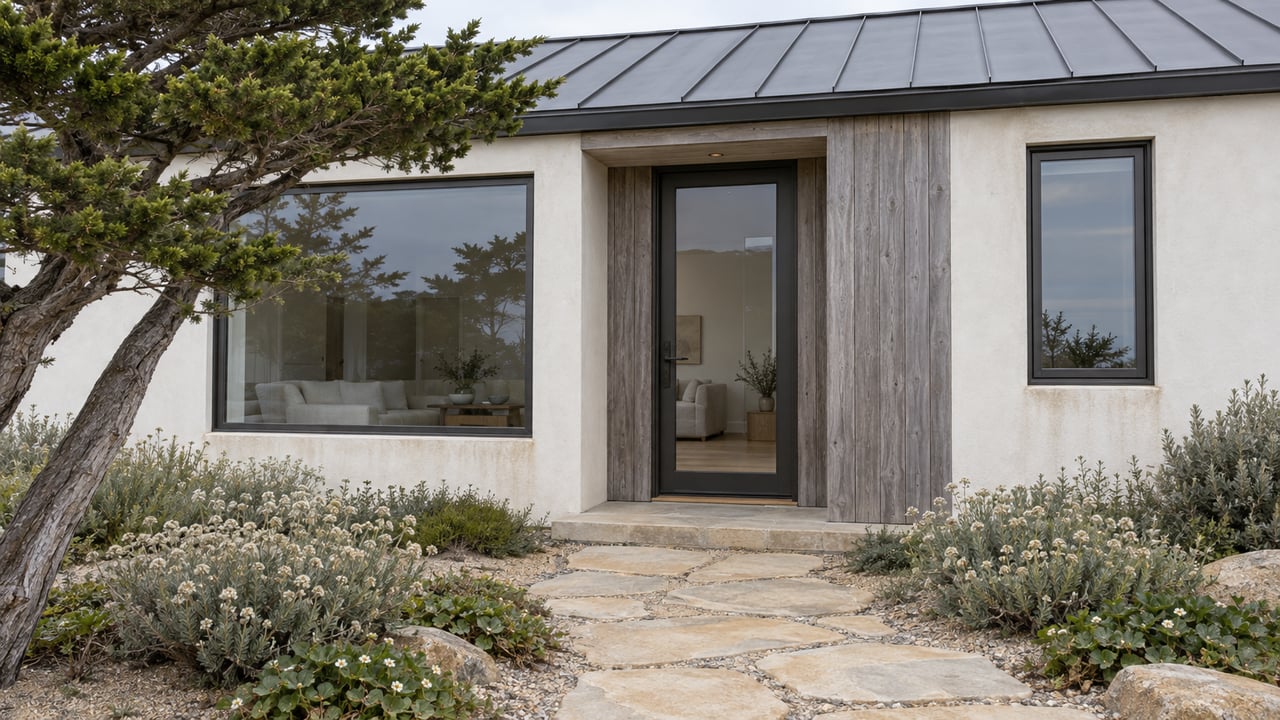 Coastal cottage with a recessed bronze entry, cedar cladding, and a stone path edged by low plants.