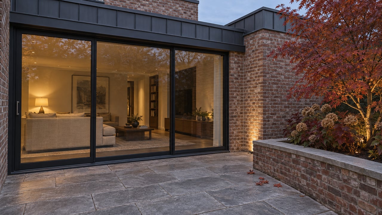 Modern brick home with a stone patio, wide sliding glass doors, and warmly lit living room.