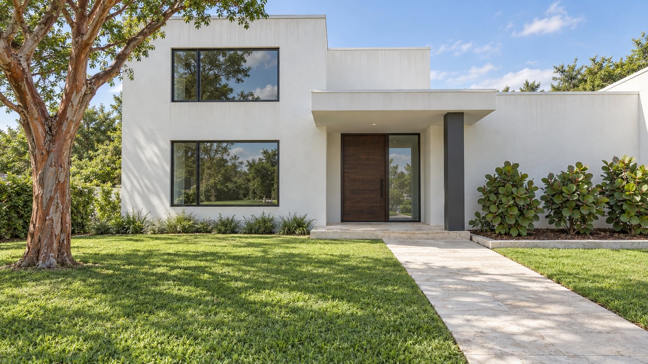 White modern home with a recessed timber entry, pale stone walkway and broad green lawn beneath a copper-barked shade tree.