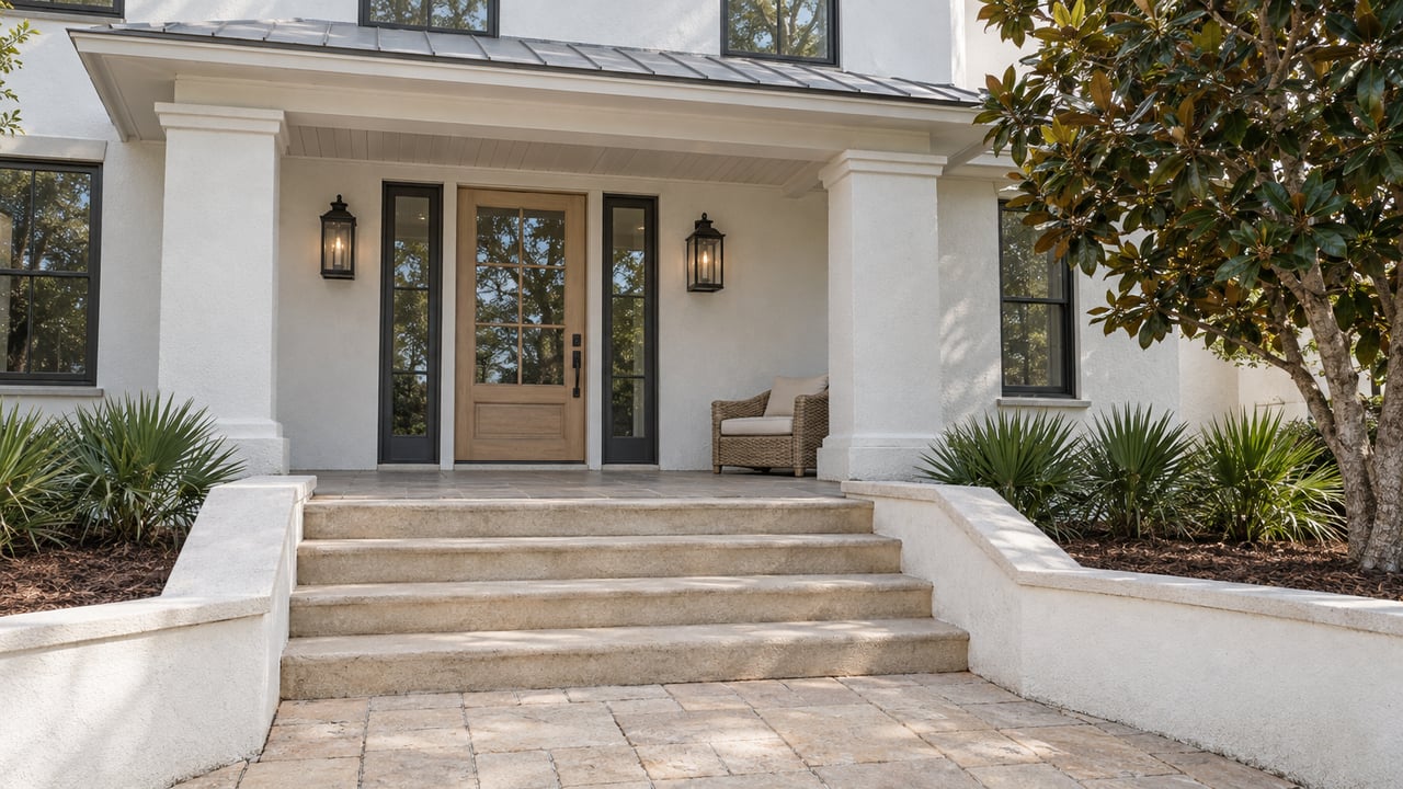 Raised white stucco porch with broad sand-colored steps, charcoal-framed glass entry and a mature magnolia beside the approach.