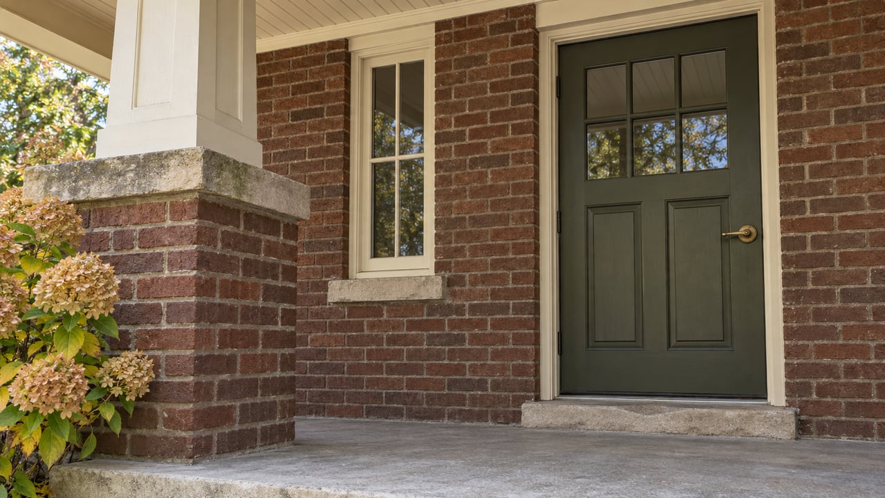 Brick home entry with a dark green paneled door, cream trim, and flowering shrubs.