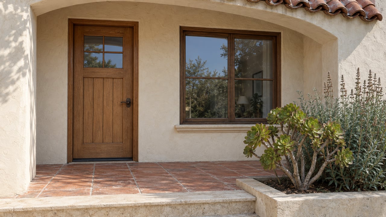Sunlit ivory stucco entry with an oak door, terracotta paving, limestone edging, and sculptural aeonium beside sage.