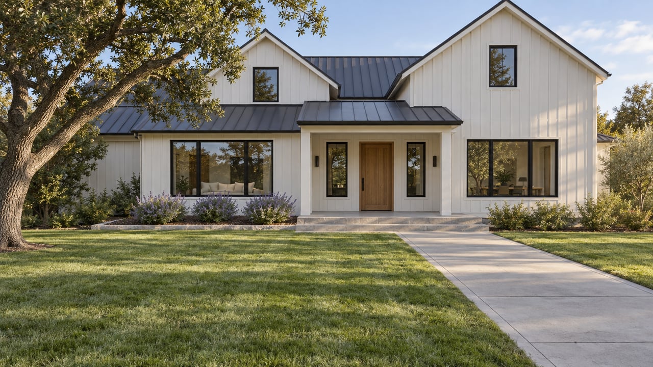 White wood-sided home with charcoal metal gables, an oak front door, a broad lawn and a mature oak tree.