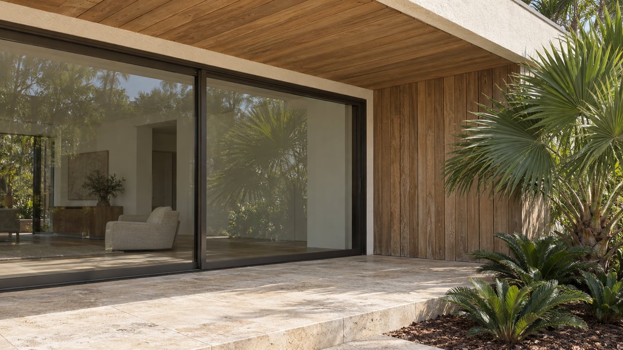 Timber-clad covered terrace with closed glass doors, limestone paving and sculptural fan-leaf planting.