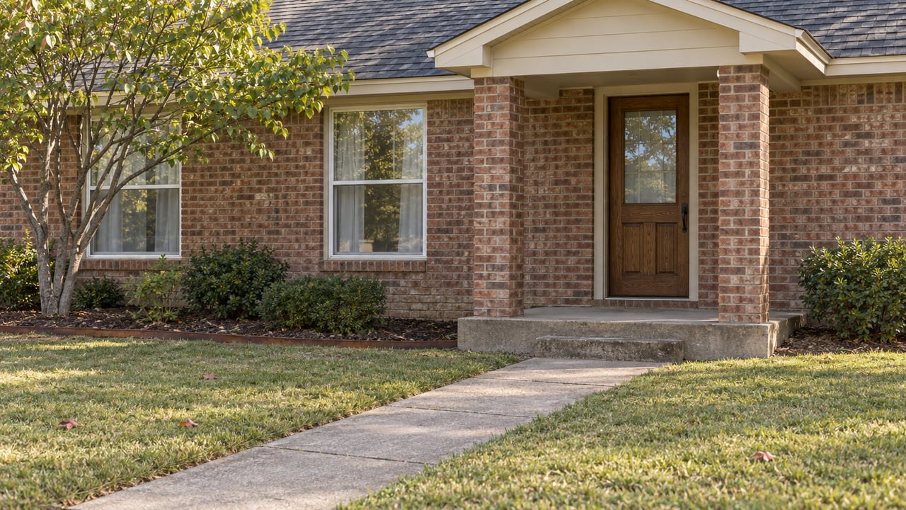 Brick single-story home with a covered entry, broad front lawn and a redbud beside the living-room windows.
