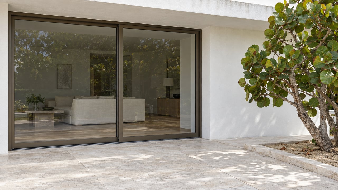 White stucco home with recessed bronze-framed glass doors, pale limestone terrace and a sculptural sea grape beside a raised stone border.