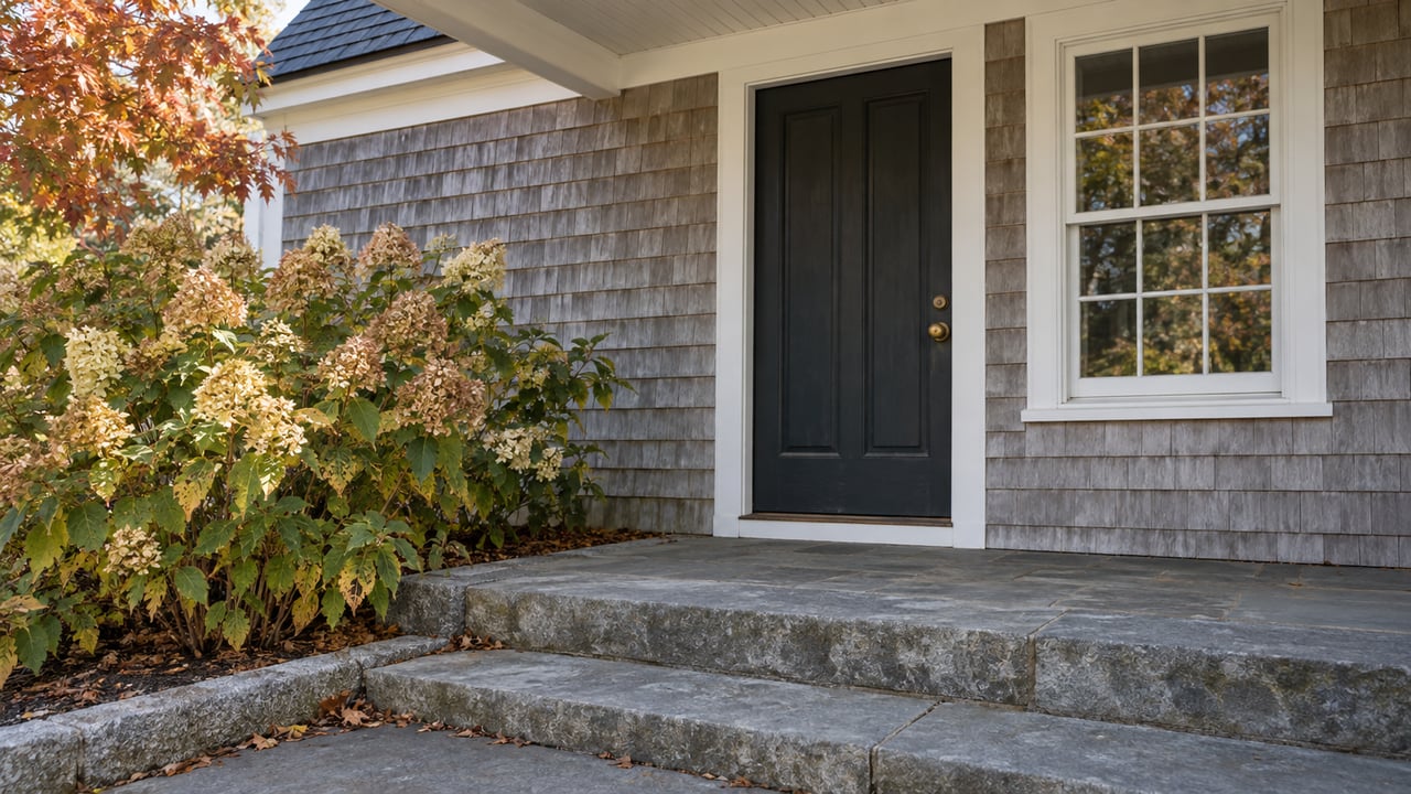 Shingled house entrance with a dark timber door, white sash window, bluestone steps, and fading hydrangeas.