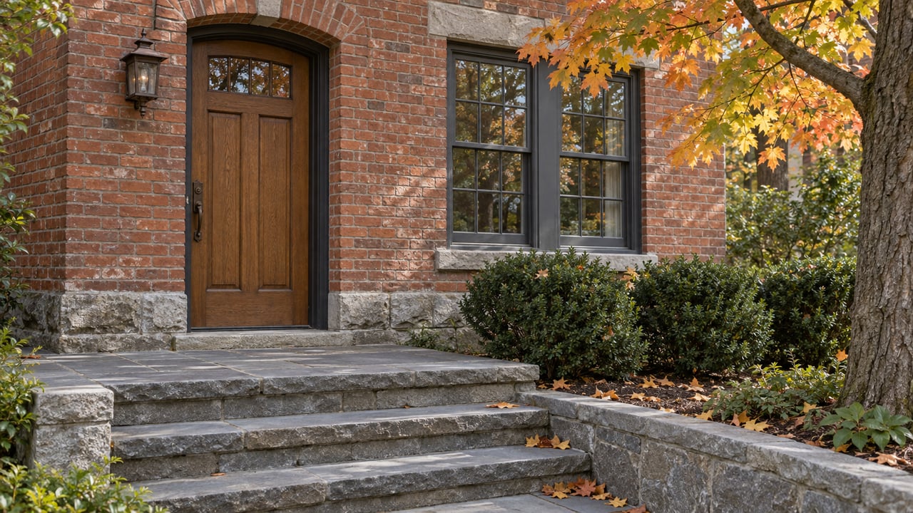 Weathered red-brick home entrance with an oak door, divided-light window, bluestone steps and autumn maple leaves.