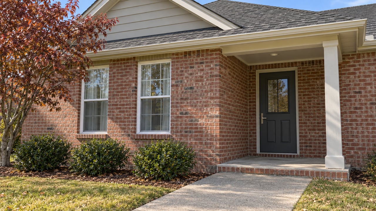 Red-brick suburban home with a charcoal front door, light gable siding, and a concrete approach beside autumn dogwood leaves.