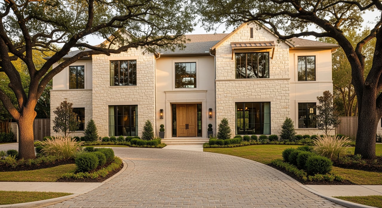 Large two-story stone house framed by mature trees, with a curved paved driveway and landscaped front garden.