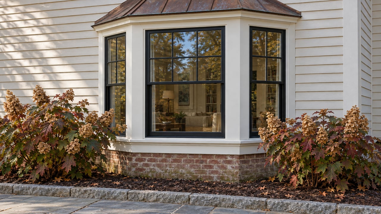 A white clapboard home's black-sashed bay window above an aged brick foundation, with oakleaf hydrangeas in autumn color.