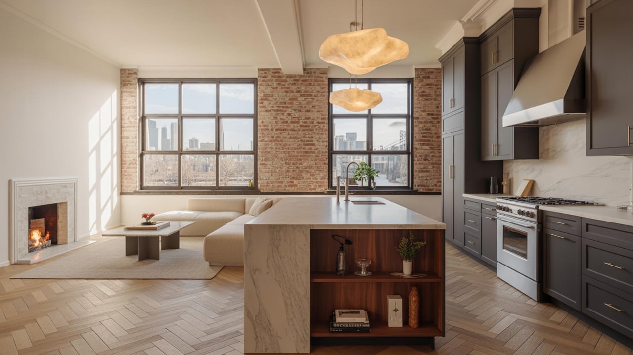 Modern kitchen with a marble island, dark cabinets, exposed brick, and city views through tall windows.