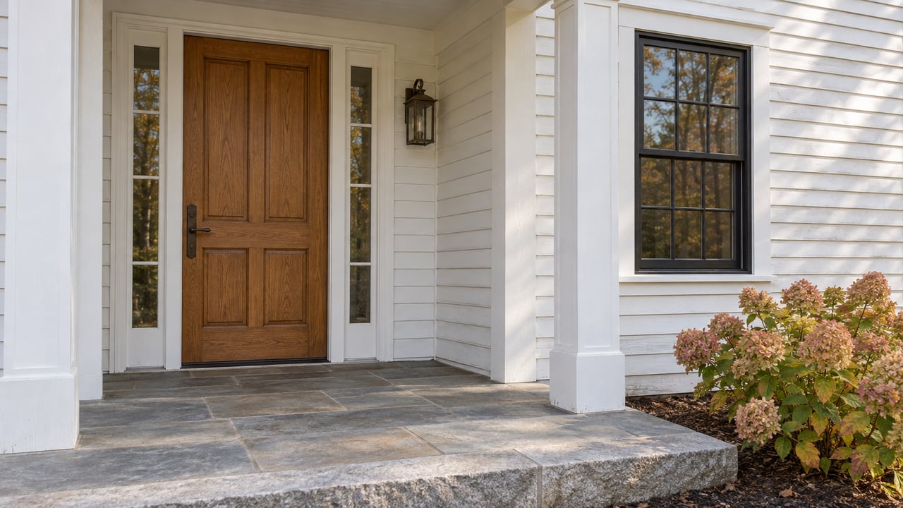 White clapboard home entrance with an oak door, paired glazed sidelights, bluestone landing and autumn hydrangea.