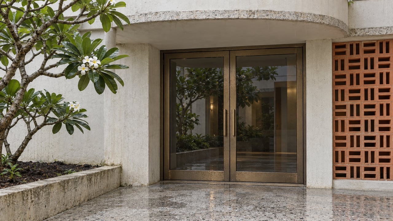 Rain-damp terrazzo entrance beneath a curved ivory concrete balcony, with bronze-framed glass doors, a terracotta ventilation screen and white-flowered frangipani.
