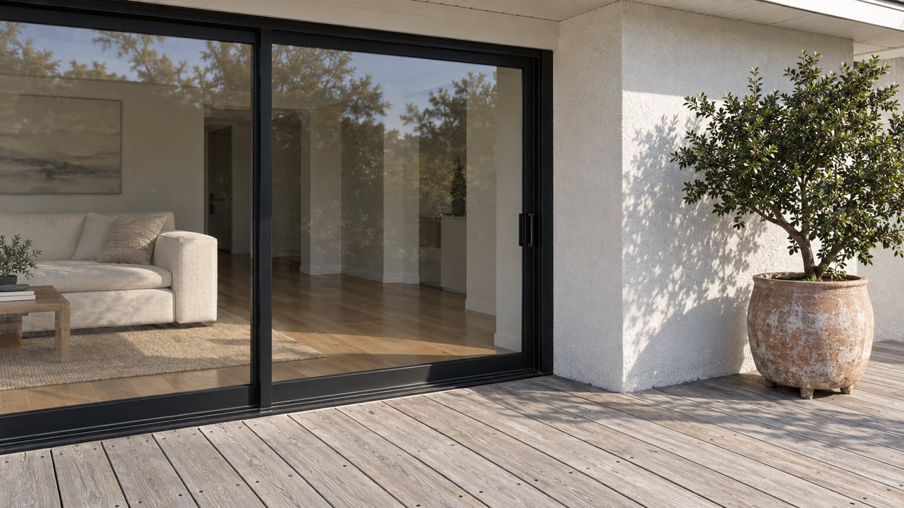 White stucco home with a closed black-framed sliding door, pale timber terrace and a potted yaupon holly in morning light.