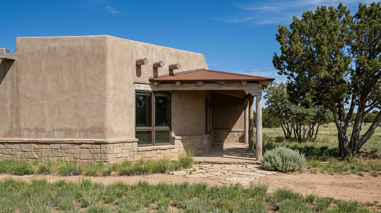 Stone-and-plaster ranch home with a corrugated metal portal roof, set amid open grassland beneath a juniper canopy.