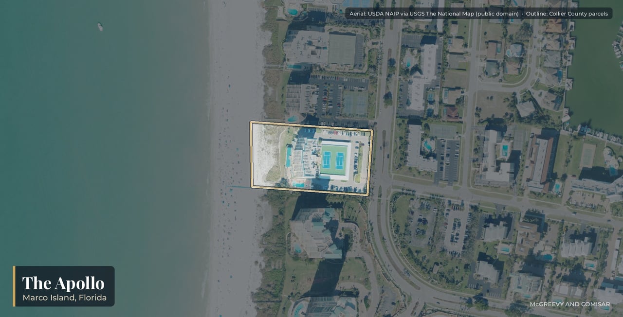 Aerial view of The Apollo on Marco Island, Florida, the 10-story beachfront condominium at 900 South Collier Boulevard near South Marco Beach