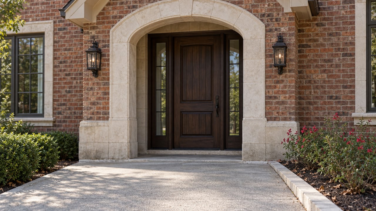 Limestone arch frames a dark timber door with narrow sidelights and paired lanterns in a red-brown brick entry.