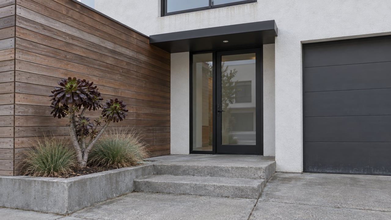 Recessed glass entry beside weathered cedar and white stucco, with concrete steps and a small raised succulent planting bed.
