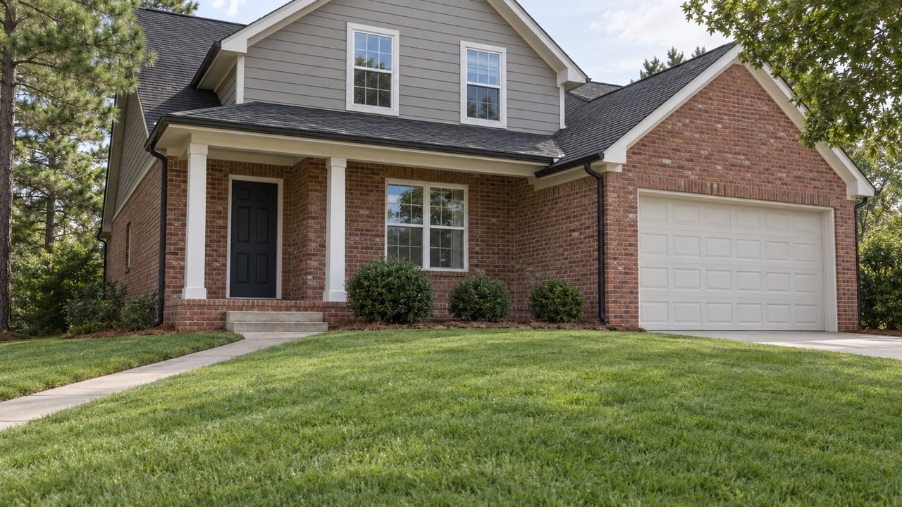 Two-story brick house with a recessed porch, paneled garage, sloping lawn, and mature trees.