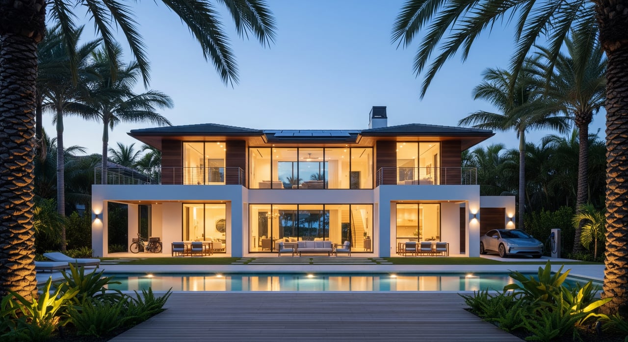 Modern two-story glass house illuminated at dusk, framed by palm trees and a swimming pool.
