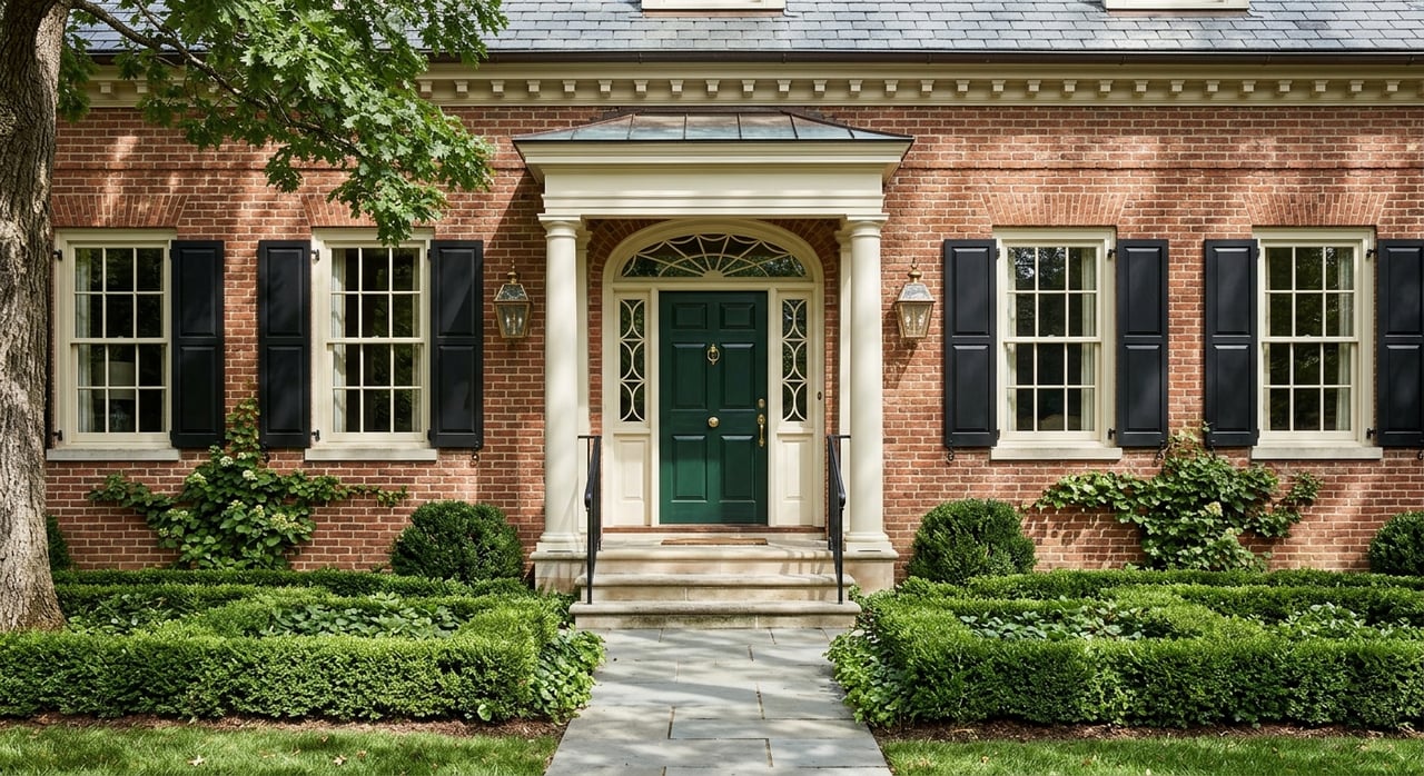 Brick Georgian entrance with a charcoal door, arched fanlight, limestone steps, and clipped boxwood flanking the walk.