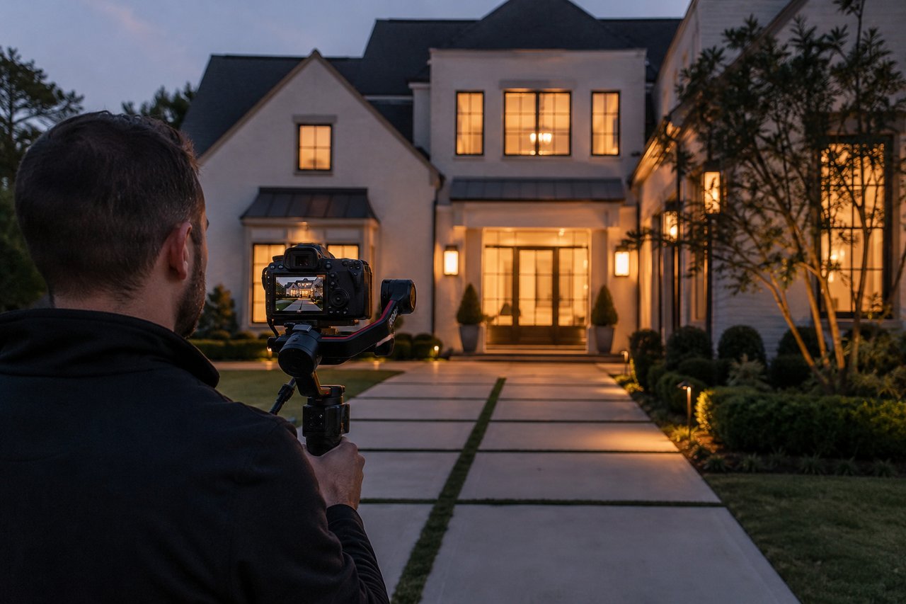 Professional videographer filming a luxury modern home at twilight with a stabilized camera, showcasing the importance of cinematic video marketing, premium photography, and digital storytelling for luxury real estate in Nashville.