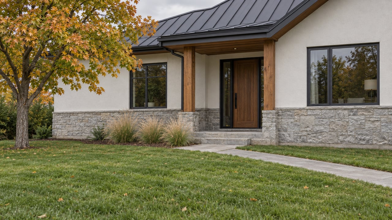 Detached stucco house with a dark gable roof, recessed entry, limestone base, and lawn crossed by a concrete walk.