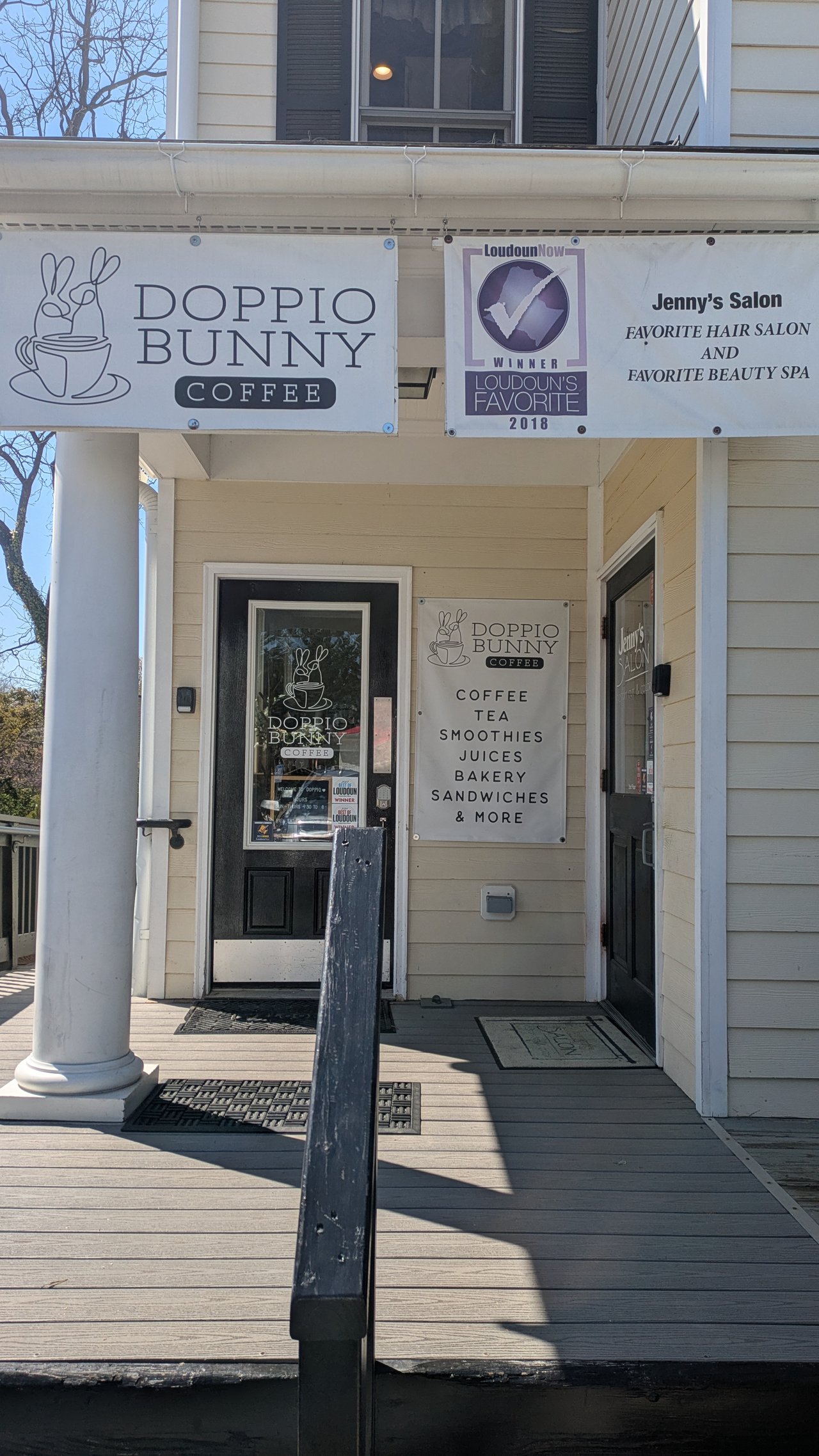 Doppio Bunny Coffee storefront in Purcellville VA with entrance and signage in Western Loudoun County