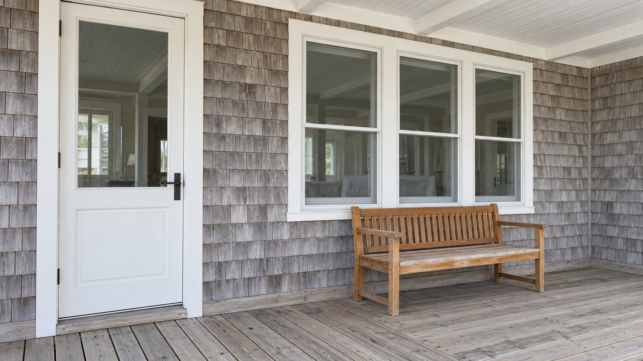 Weathered cedar shingles, white-framed windows and a closed glass door beside a teak bench on a covered timber porch.