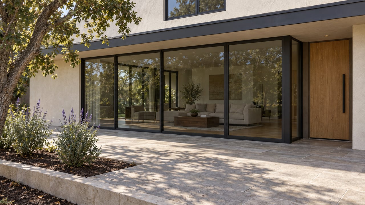 Sunlit limestone terrace beside an ivory stucco home with dark-framed glass, an oak door, and a mature oak tree.