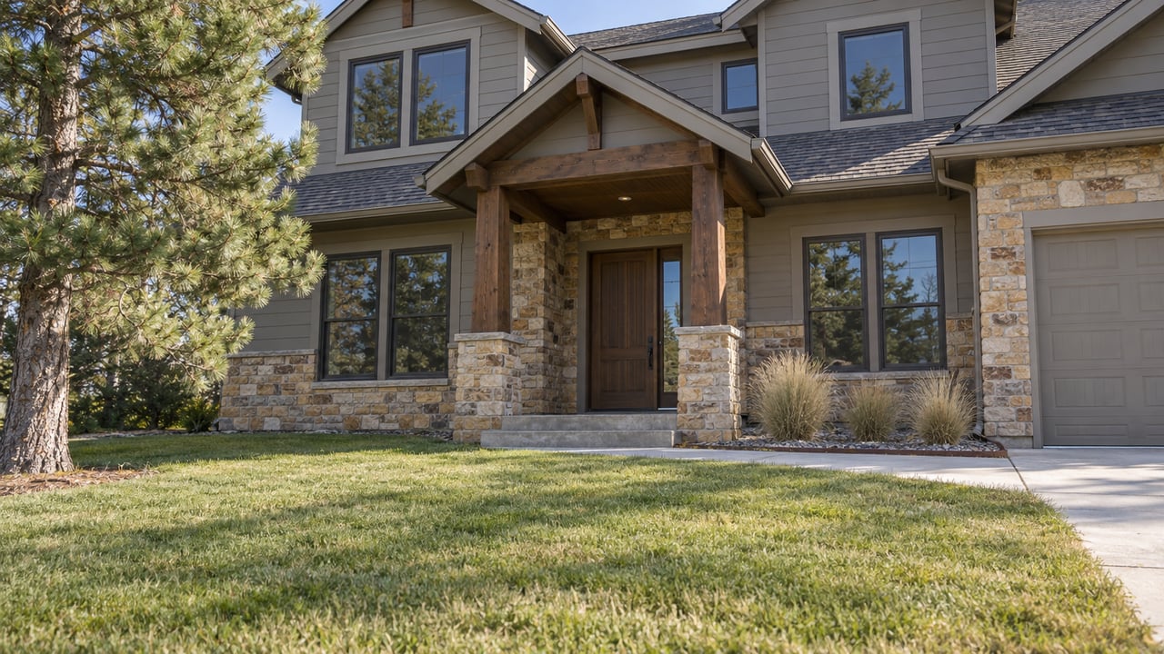 Two-story house with gray siding, sandstone entry, timber porch posts and a broad lawn in clear afternoon light.
