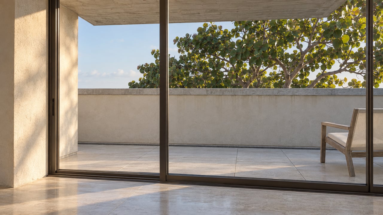 Closed bronze-framed glass doors overlook a shaded condominium terrace with pale concrete paving, a teak chair and a sea-grape canopy.