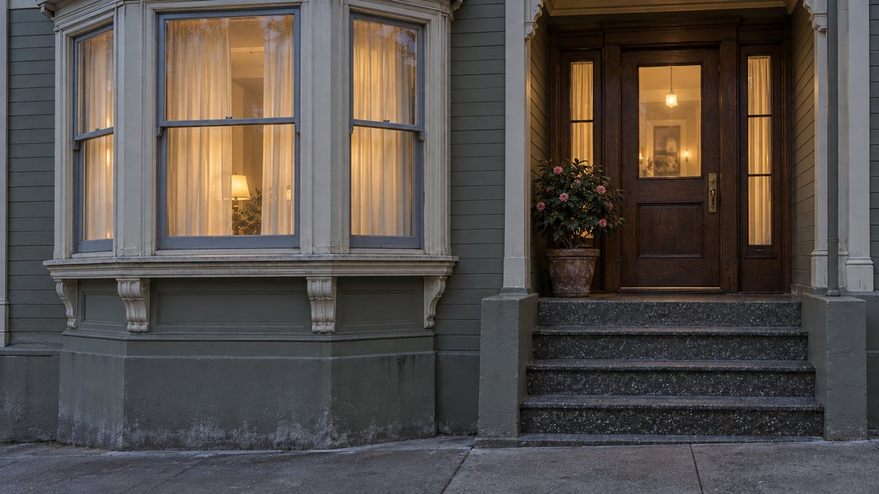 Olive-gray timber facade with ivory bay windows, a recessed oak entrance and worn terrazzo steps in cool evening light.