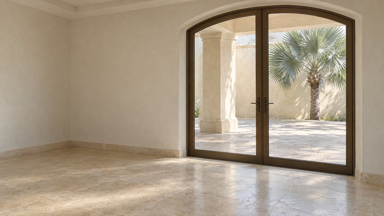 Closed bronze-framed glass doors open visually onto a covered loggia with a fan palm beyond.