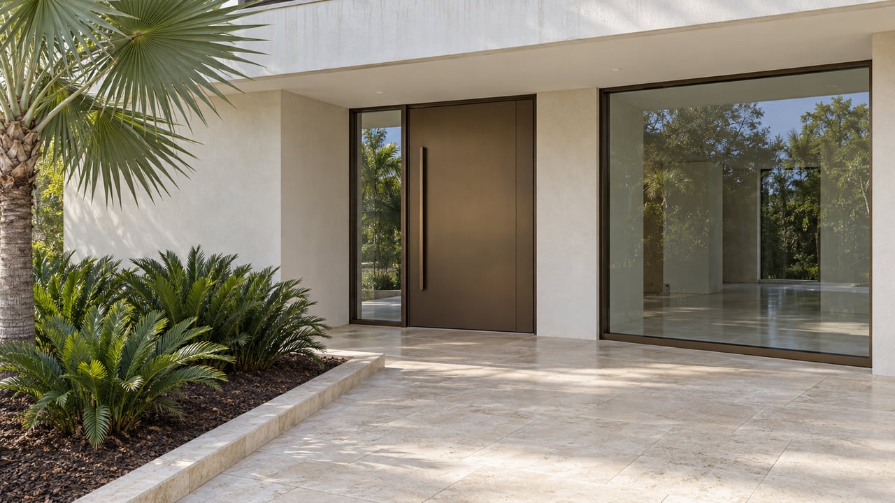Sunlit white-stucco home entrance with bronze door and windows, limestone paving, and a sculptural thatch palm beside low coontie plants.
