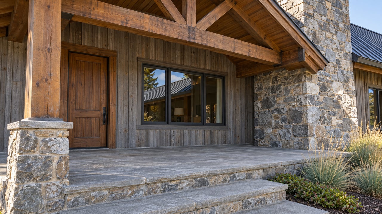 Morning light across a timber home's sheltered stone porch, dark-framed window and substantial quartzite chimney.