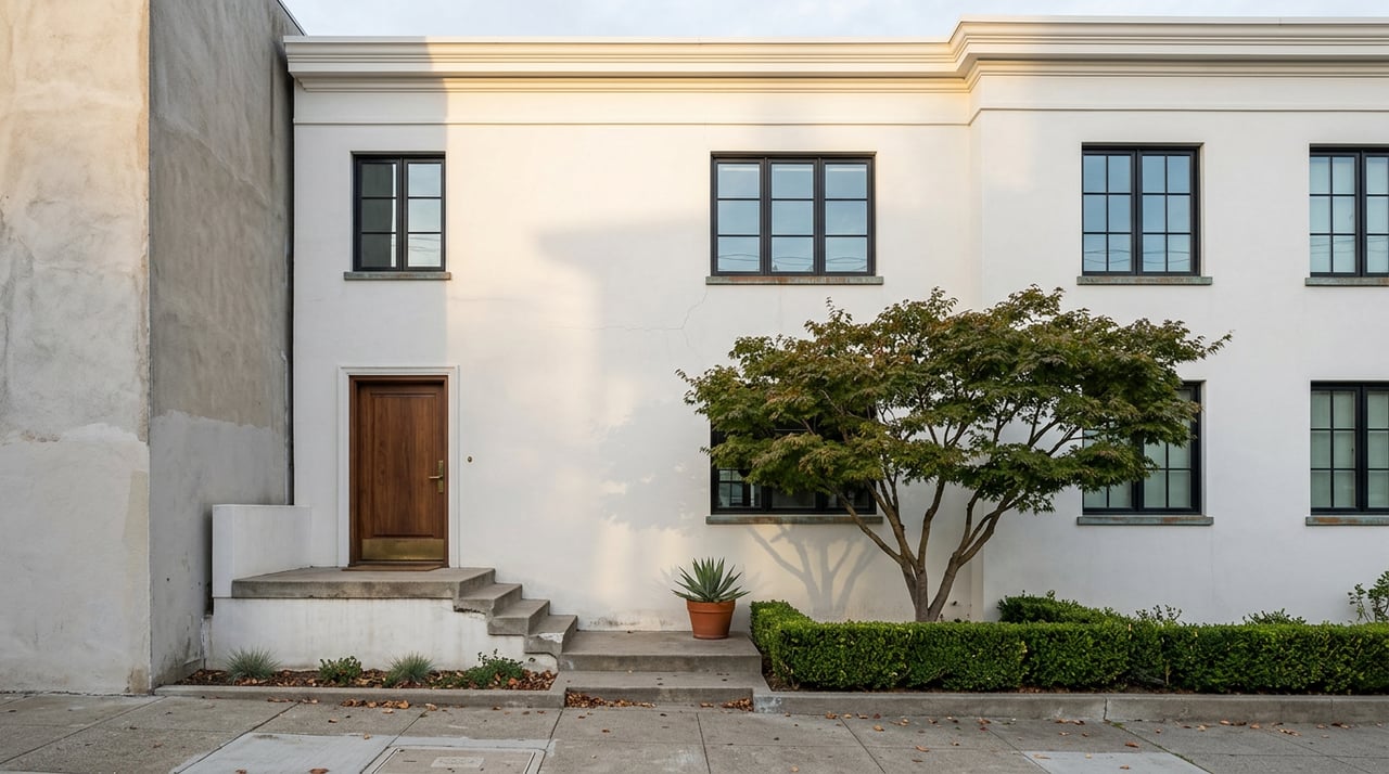 White-plaster facade with black steel windows, walnut door, and Japanese maple beside concrete steps.